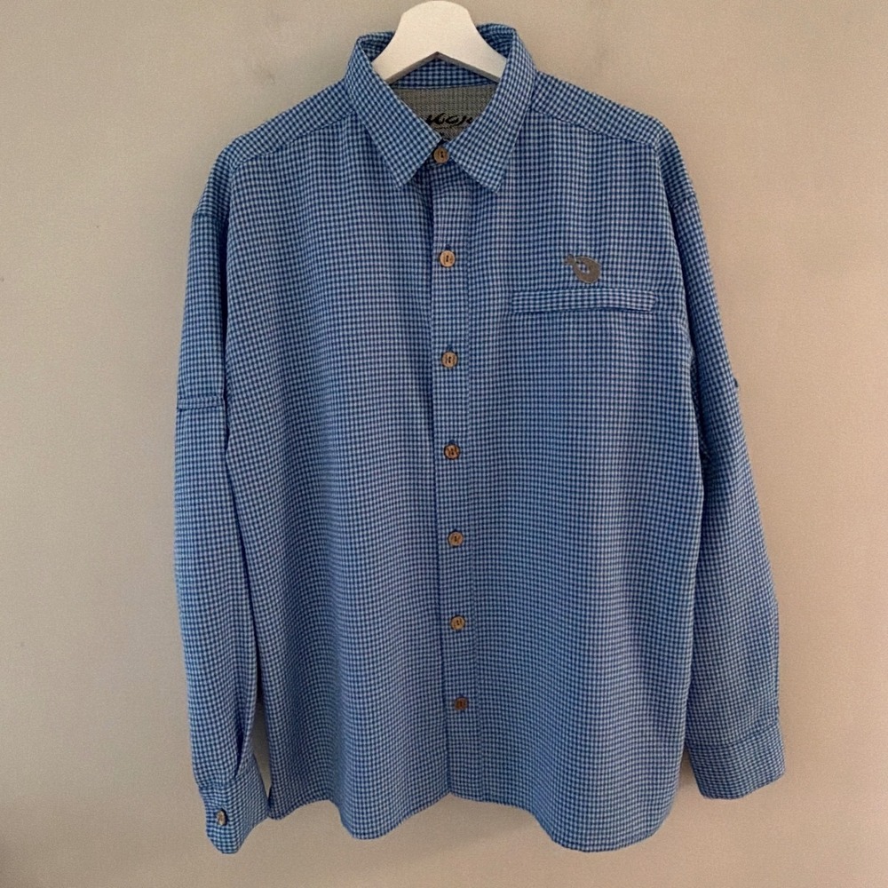 Mojo Sportswear Mens Medium‎ Blue Gingham Fishing Shirt Ventilated Long Sleeve
